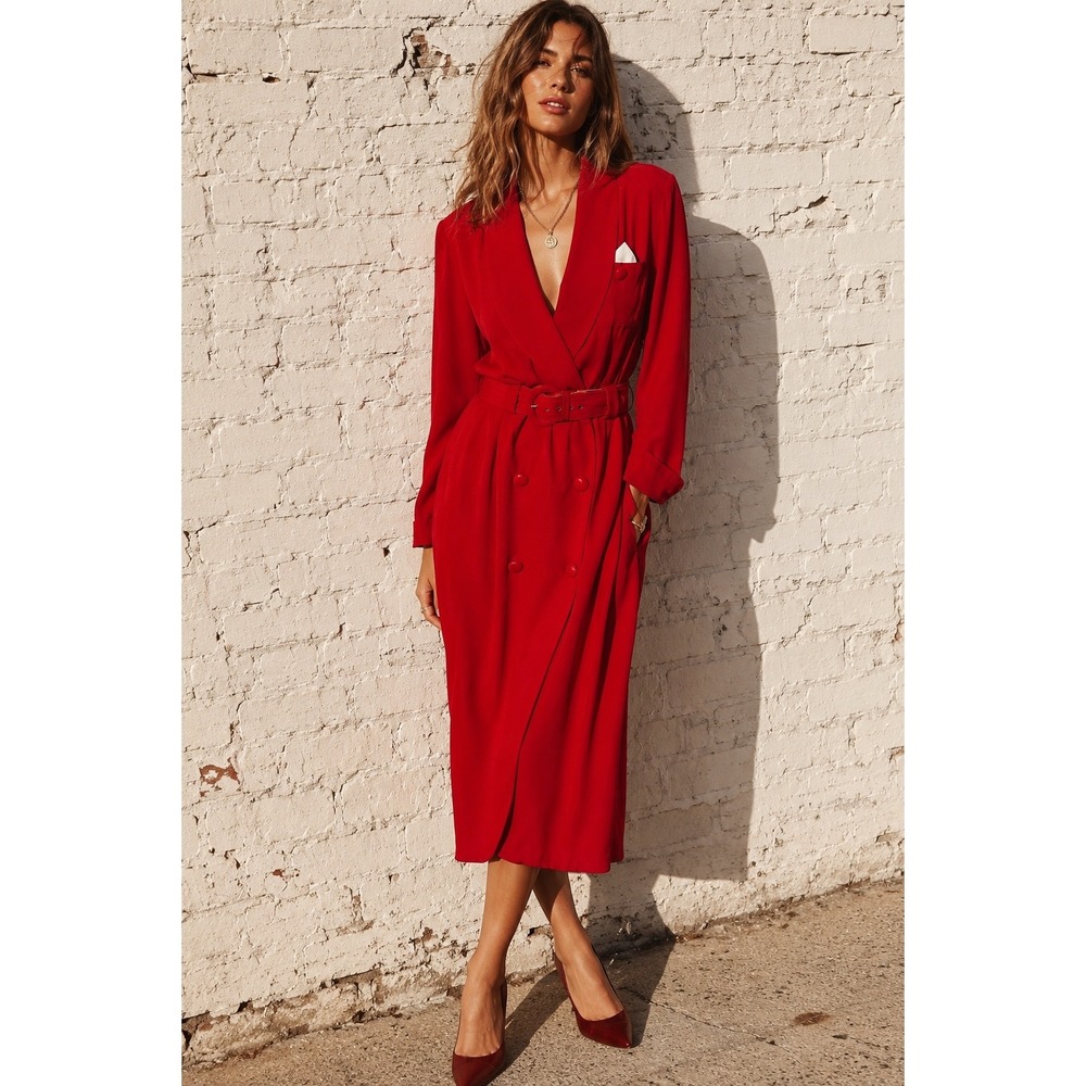 Vintage Worthington Red Rayon Ribbed Double Breasted Belted Midi Dress 80s 16